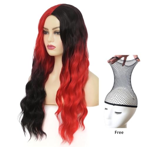 Long Curly Half Red Black Wig 27 Inch Synthetic Wavy Costume Hair for Women - Variation of THIS listing