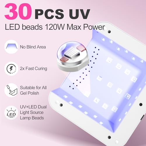 Cordless UV LED Nail Lamp 120W for Gel Nails with Auto-Sensor - Pink - Long-Lasting Beads