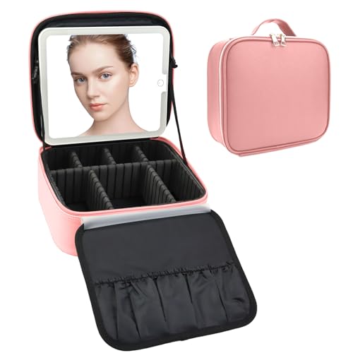 Travel Makeup Bag with LED Mirror Travel Makeup Organizer with 3 Lighted Settings, Adjustable Dividers and Makeup Brush Storage Bag Pink