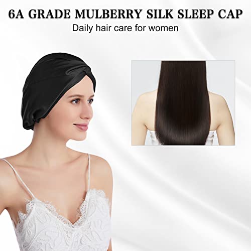 Black Mulberry Silk Sleep Cap for Women - One Size Bonnet with Elastic - Night Hair Care