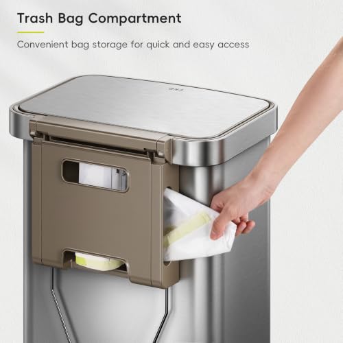 EKO Hudson Matte Stainless Steel Step Trash Can 50L with Rear Bag Storage