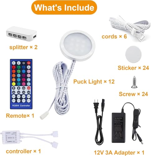 RGBWW Under Cabinet Puck Lights 12 Pack Dimmable Kitchen & Closet Lighting Kit