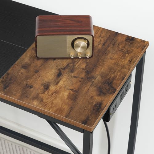 Small Computer Desk with Power Outlet & USB Ports - Rustic Brown + Black, 39.3W x 15.7D x 30.3H, Easy Assembly