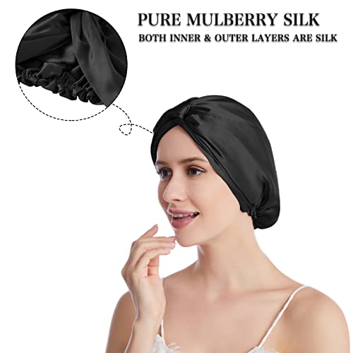Black Mulberry Silk Sleep Cap for Women - One Size Bonnet with Elastic - Night Hair Care
