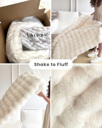 Cream White Twin Faux Fur Throw Blanket 60x80 Inches Cozy Plush Bubble Style