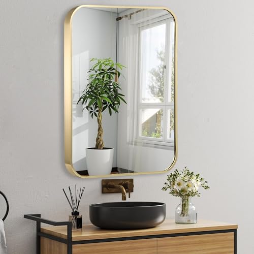 JENBELY 30x36 Inch Gold Bathroom Mirror Brushed Brass Rectangular with Rounded Corners - Light Gold