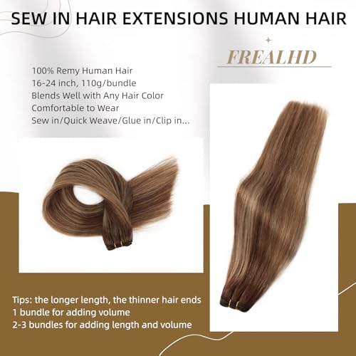 Frealhd 18 Inch Balayage Chocolate Brown to Caramel Blonde Remy Sew-In Hair Extensions - 110g Double Weft