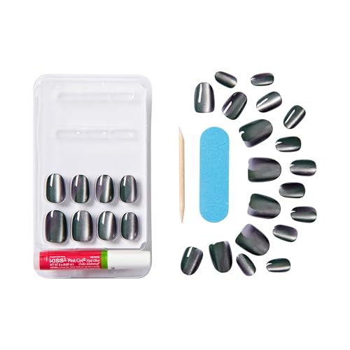 KISS Gel Fantasy, Press On Nails, Nail glue included, 'Dial Me', Gray, Short Size, Oval Shape, Includes 28 Nails, 2g glue, 1 Manicure Stick, 1 Mini File