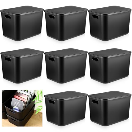 Storage Bins with Lids - 8 Pieces, 14.2 x 10.2 x 9.5 Inch Black Plastic Organizer