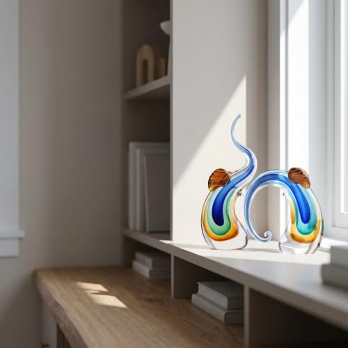 Murano Glass Elephant Statues Set - Hand Blown Blue Art Sculpture for Home & Office Decor