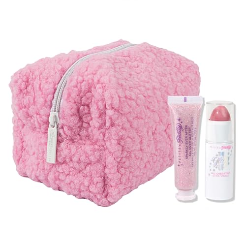 Petite N Pretty Glitter Makeup Set - Shimmering for Eyes, Cheeks, and Body - Glow Up Stick & All-Over Glitter in Pink Sherpa Bag for Kids, Teens, and Tweens (Pink)