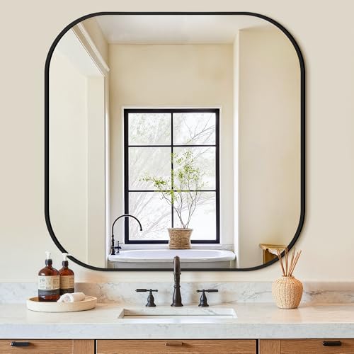 Matte Black 35x35 Inch Wall Bathroom Vanity Mirror - No Distortion