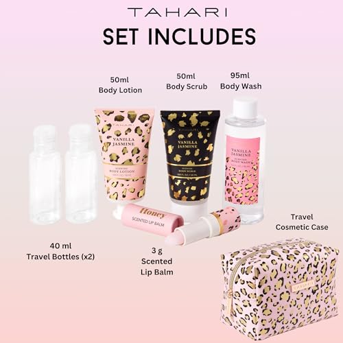 Tahari Vanilla Jasmine Spa Gift Set for Women ? Luxurious Bath Kit with Body Lotion, Body Scrub, Body Wash & Lip Balm with Bag ? Perfect Selfcare Gifts for Women (Leopard)