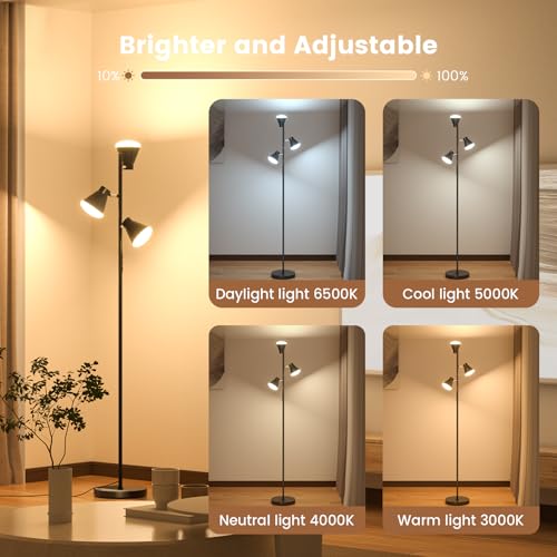 SIBRILLE 36W LED Tree Floor Lamp with Remote - Black Modern Dimmable Standing Light for Living Room & Bedroom