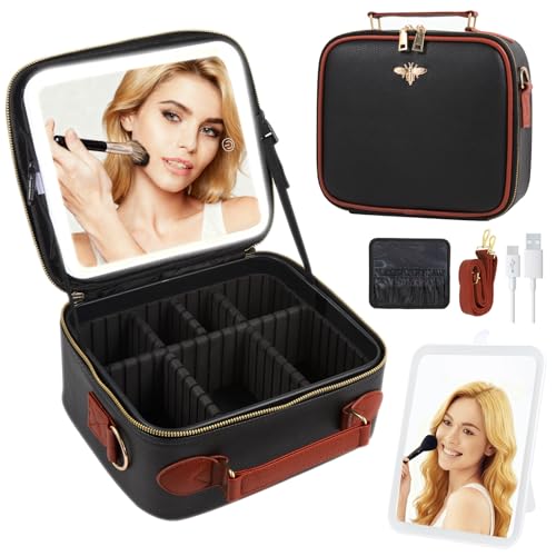 Travel Makeup Bag with Light Up Mirror - Black, Waterproof, Rechargeable LED Vanity Case