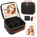 Travel Makeup Bag with Light Up Mirror - Black, Waterproof, Rechargeable LED Vanity Case