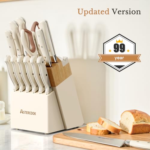 Cream White 14-Piece Kitchen Knife Set with Block & Sharpener - Full Tang Stainless Steel, Ergonomic Handle, Dishwasher Safe