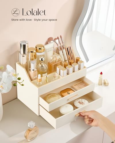 Lolalet Beige 3-Layer Makeup Organizer Vanity Storage with Drawers - PU Leather