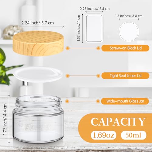 Layhit 48 Pcs 50 ml Cosmetic Glass Jars with Lids 1.69 oz Small Jars with Plastic Woodgrain Lids, White Labels and Inner Liners Empty Round Cosmetic Containers for Creams Lotions Powder Candle Making