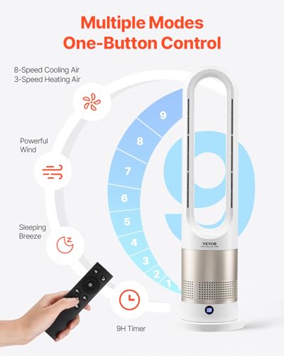 26in Bladeless Tower Fan with Heating & Cooling, 8-Speed Oscillating Floor Fan, Remote Control