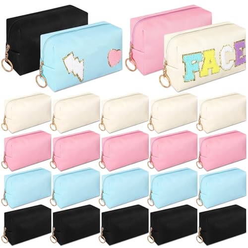 Chunful 24 Pcs Preppy Makeup Bag PU Leather Cosmetic Bag Bulk Makeup Plain Pouch Waterproof Toiletry Purse for Women Traveling Preppy Pencil Case Valentine's Day Gifts(Mixed Colors)