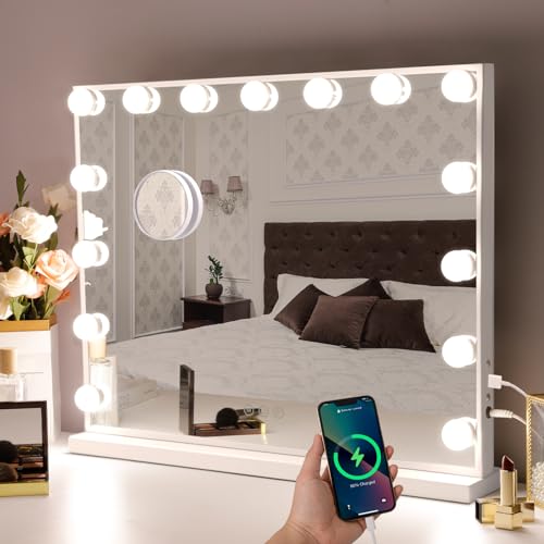 LED Lighted Vanity Mirror with Lights - Hollywood Style, 15 Bulbs, USB Charging Port, 22.8x18 inches, White - Variation A