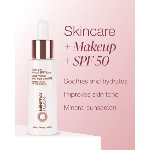 Mineral Fusion Sheer Tint SPF Face Serum (Light) - Tinted Broad Spectrum SPF 50 Mineral Zinc Oxide Sunscreen - Sheer Coverage Makeup, Lightweight & Dewy Finish - With Niacinamide, Aloe Vera - 1 Fl Oz