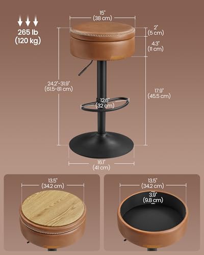 Adjustable Bar Stool with Storage - 360° Swivel, Height Adjustable, Caramel Brown