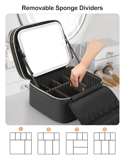 Small Travel Makeup Bag with LED Mirror - 2 Layers, Black (Variation 01-Black / 1-Small)