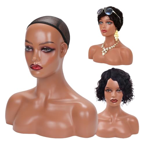 Realistic Female Mannequin Head with Shoulders - Dark Brown