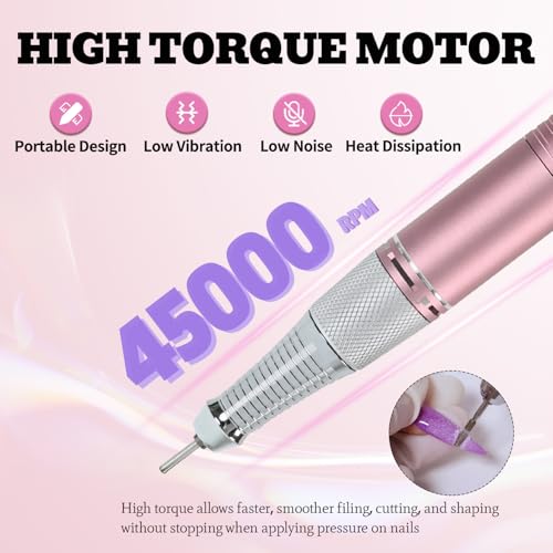 Portable Electric Nail Drill 45000RPM Cordless Manicure & Pedicure Kit Rose Pink