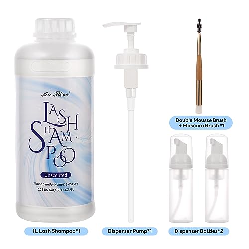 Lash Shampoo for Lash Extensions 1L/35fl.oz Eyelash Extension Cleanser Lash Cleaning Kit, Gentle Foaming Eyelash Shampoo with Brush and Wash Bottle for Salon Home Care Unscented