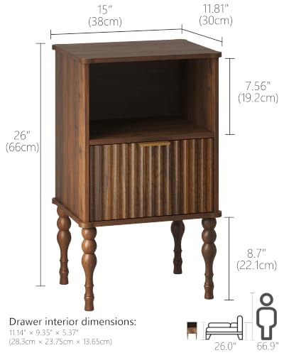 Walnut Small Wooden Nightstand with Drawer - Modern Fluted Design, Compact Bedroom Storage