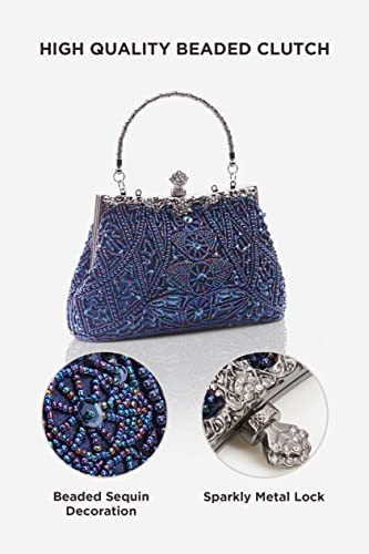Blue Beaded Sequin Vintage Clutch Evening Bag for Women - 1920s Gatsby Style