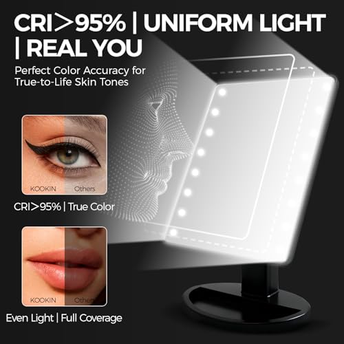 KOOKIN Lighted Makeup Mirror with Lights, Dimmable Desk Mirror - Black, Touch Control, 180° Rotation