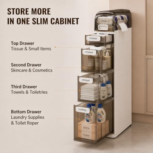 5-Tier Slim Bathroom Storage Cabinet with Drawers - Narrow Waterproof Rolling Organizer, No Assembly, 38.2"H