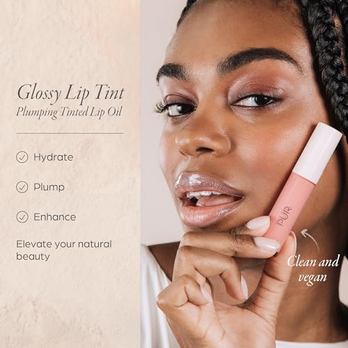 PÜR MINERALS Glossy Lip Tint & Lip Oil in Strawberry Sorbet – Hydrating & Plumping Lip Gloss, Vegan & Cruelty-Free, Soft Peach Nude