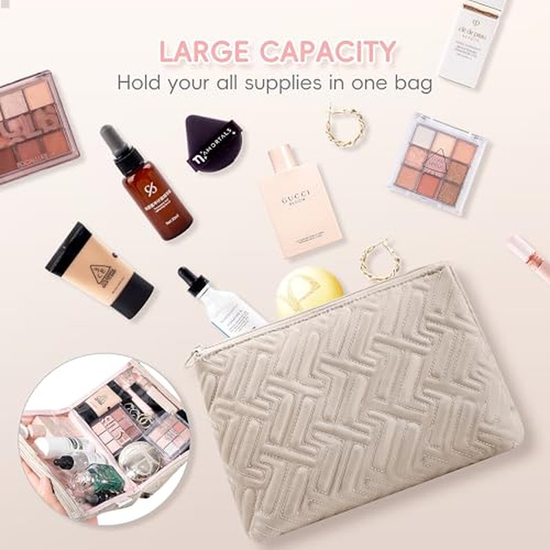 Leudes Makeup Bag Travel Essentials Cute Skincare Pouch Purse Cosmetic Bags for Women Traveling Make Up Organizer Portable Clear Case Toiletry Bag with Zipper (Camel, Large)