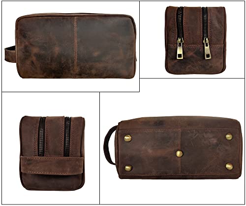 Leather Travel Toiletry Bag for Men Dark Brown Full-Grain Buffalo Leather Dopp Kit