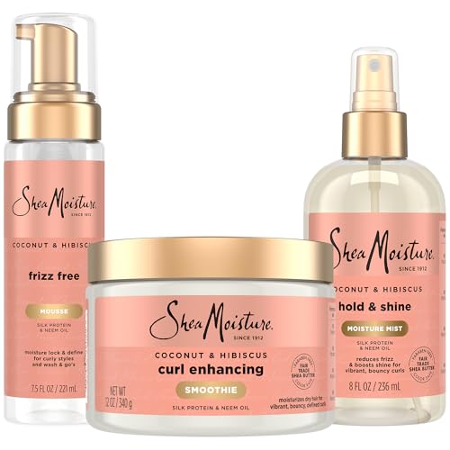 SheaMoisture Curl Care Bundle, Coconut & Hibiscus, Locks Enhancing Smoothie, Hold & Shine Moisture Mist, Frizz Free Mousse for Curly Hair, Wavy Styles, Natural