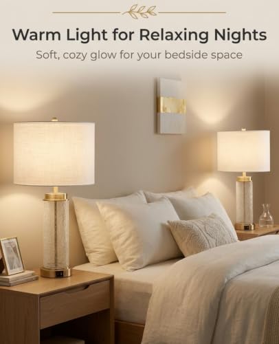 Set of 2 Modern Bedside Table Lamps with USB Charging Ports - 24.4 Inch Nightstand Lamps for Bedroom & Living Room