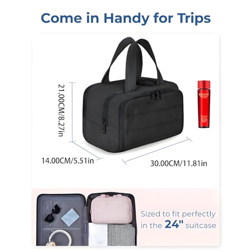 Large Waterproof Cosmetic Travel Bag with Wet Dry Compartments - Black