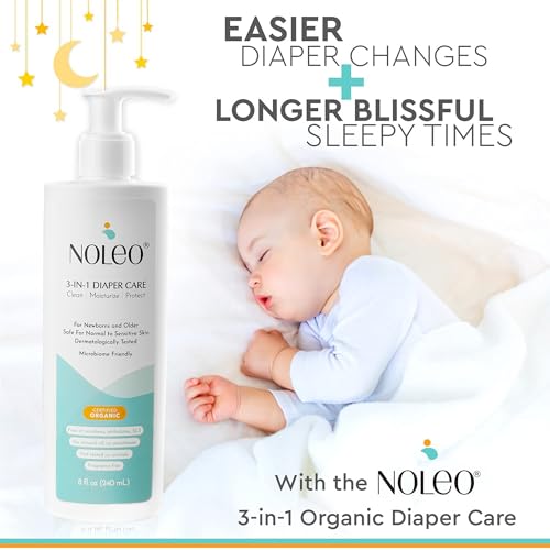 Noleo 3in1 Diaper Care with Organic Cotton Rounds - 300ct Lint Free Small Cotton Rounds - 8oz All-in-One Baby Cleanser, Lotion & Diaper Rash Cream