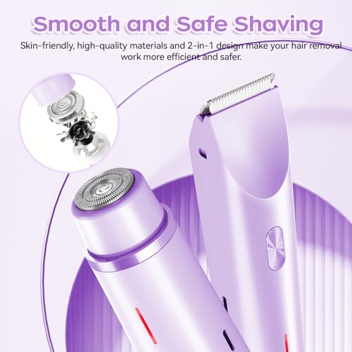 Dual Head Bikini Trimmer for Women, IPX7 Waterproof Wet & Dry Use, Electric Bikini Shaver and Epilator 2-in-1 Electric Razors for Women Bikini Underarm Body Leg Arm Face Intimate Areas,Purple