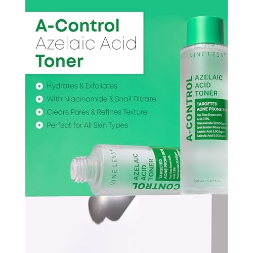 Nineless A-Control Azelaic Acid Toner with AHA & BHA - Pore Refining & Soothing Facial Toner for Acne-Prone Skin - Redness Relief & Dark Spot Corrector, Korean Skincare, 5.07 fl.oz