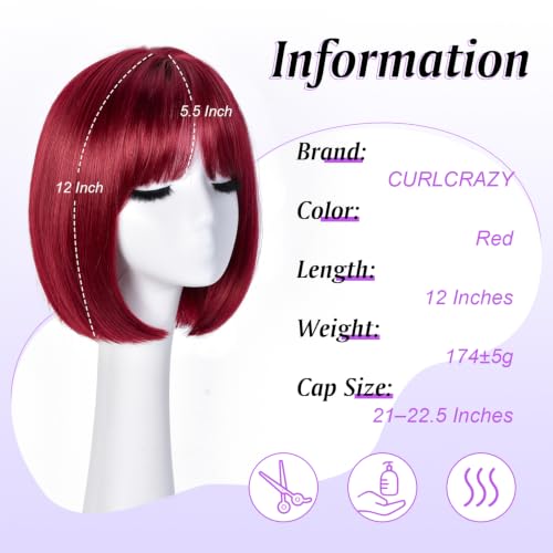 Red Short Bob Wig with Bangs - 12 Inch Synthetic Wig for Women & Girls - CURLCRAZY