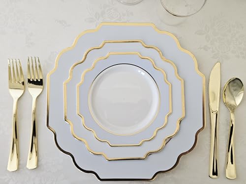 120 Pieces Disposable Plastic Dinner and Salad Plates Set - Imperial Blue & Gold, Heavyweight for Weddings & Parties