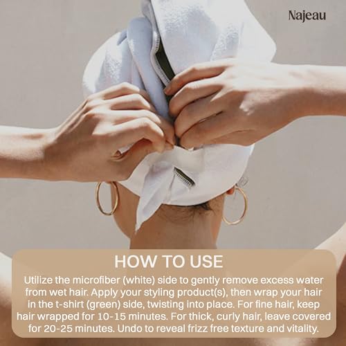 Najeau Double-Sided Hair Towel Turban – Microfiber + Cotton, 20x39 in, Reduces Dry Time