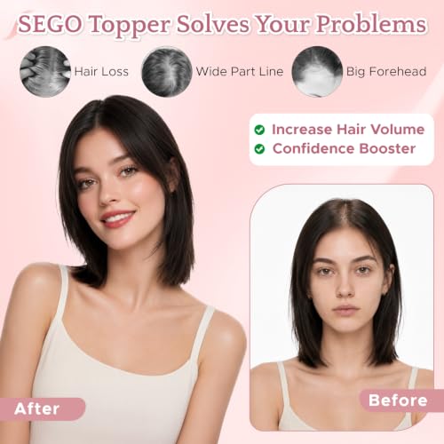 SEGO 10 Inch Dark Brown Human Hair Topper for Women, Thin Hair Volume Enhancement
