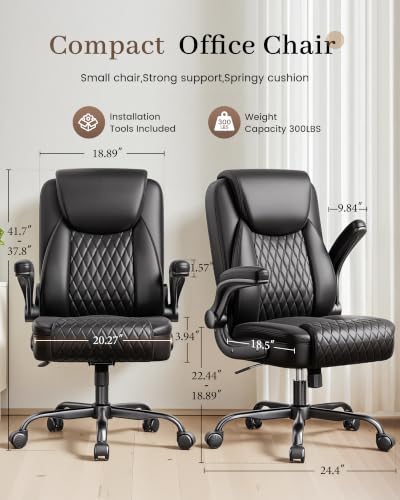 Ergonomic Mid-Back Office Chair with Flip-Up Arms - Black, Lumbar Support, Rocking Function